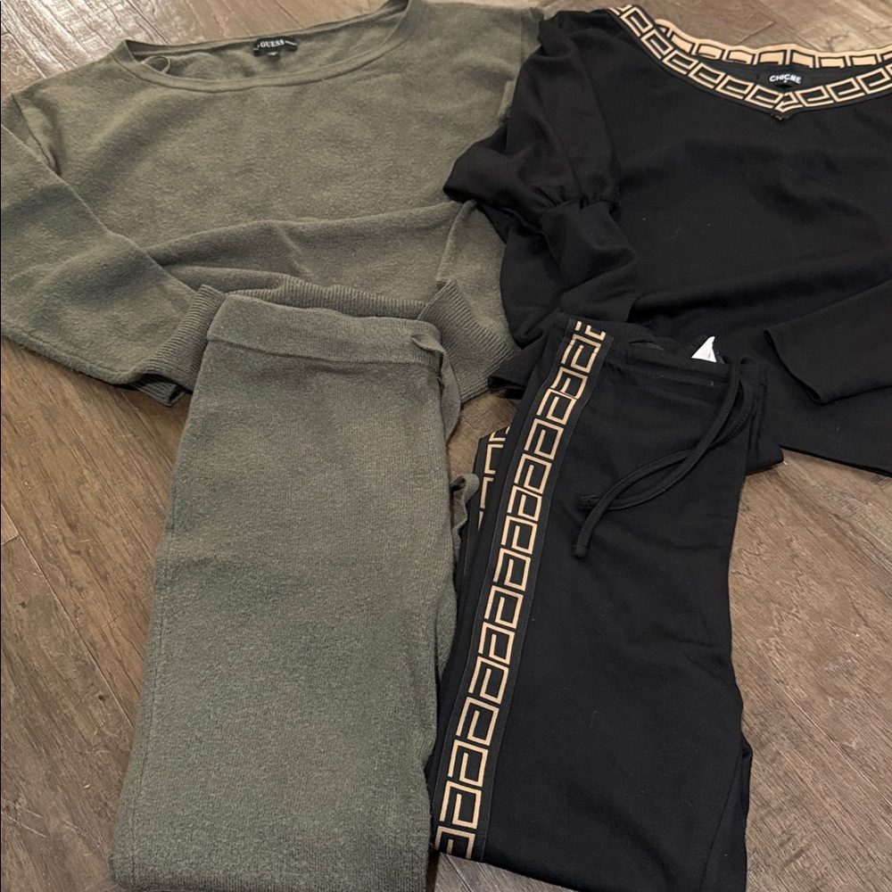 2 lounge sets black set size small grey/green set size medium shirt xs bottoms